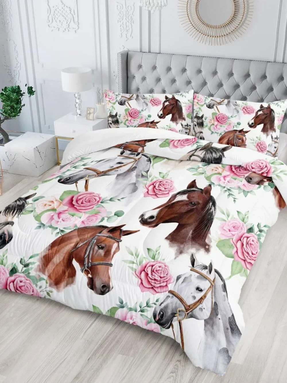 Horse and Flower Comforter Set for Girls Kids Horse and Floral 3 Piece Bedding S